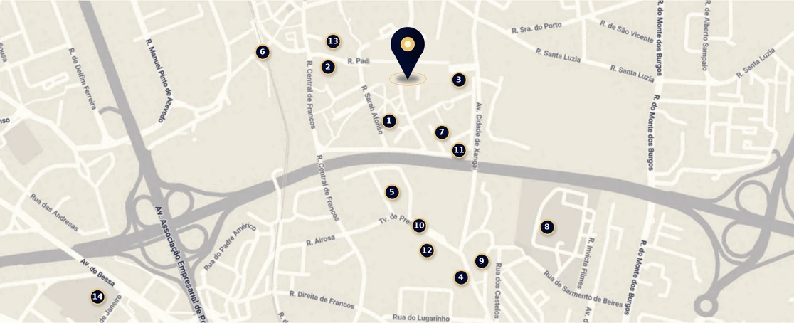 Map of the Prelada area with nearby services and amenities