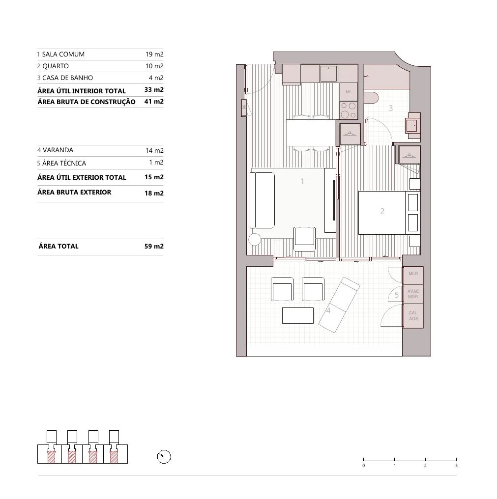 Planta da tipologia T1 · 1B