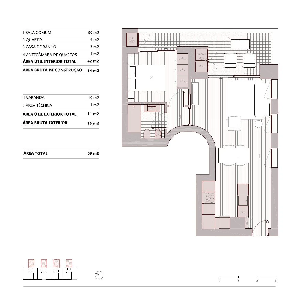 Planta da tipologia T1 · 1C