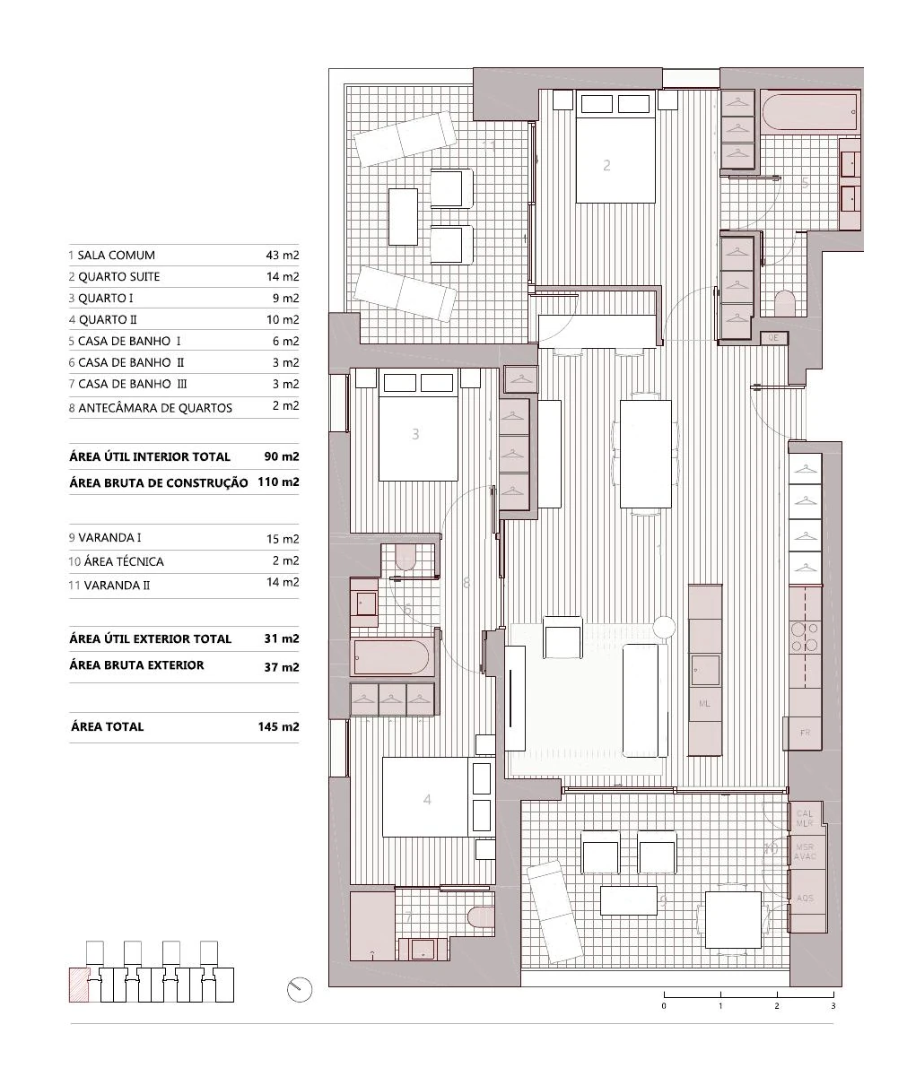Planta da tipologia T3 · 3A1