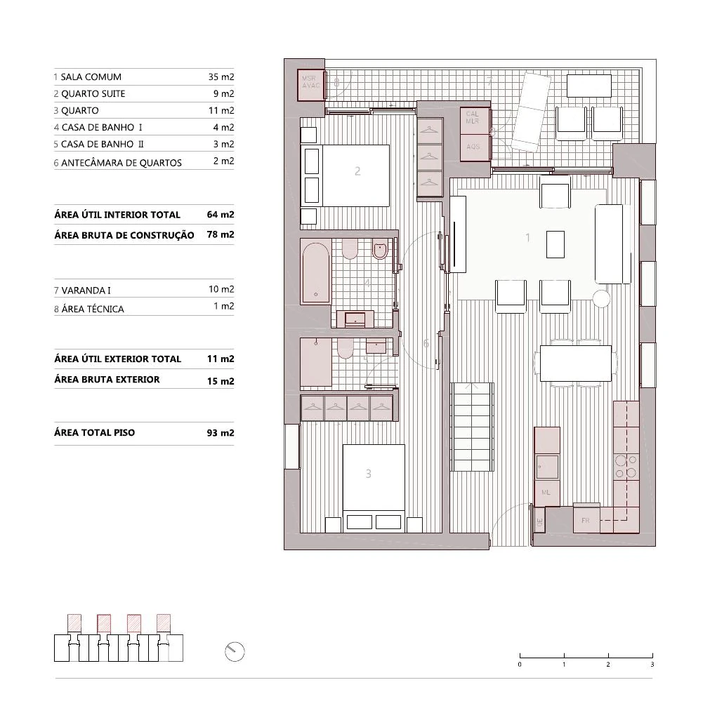 Planta da tipologia T3 duplex · 3B