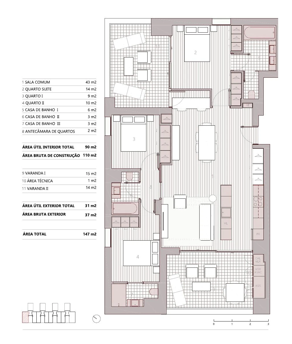 Planta da tipologia T3 · 3C1