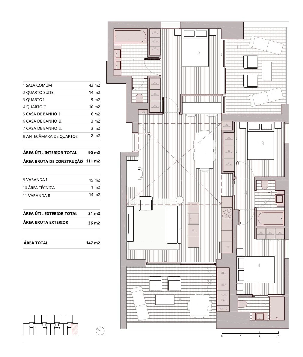 Planta da tipologia T3 · 3C2